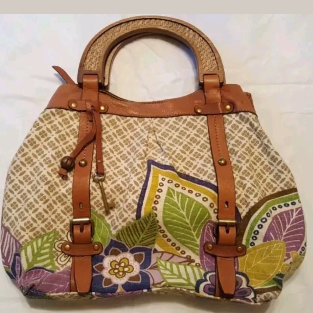Fossil Floral Canvas Leather Wood Handles